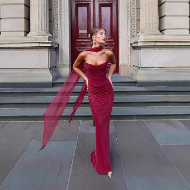 

European and American Style Women's Fashion Autumn New Elegant Sky Blue Tube Top/High Waist Tight Slip Dress