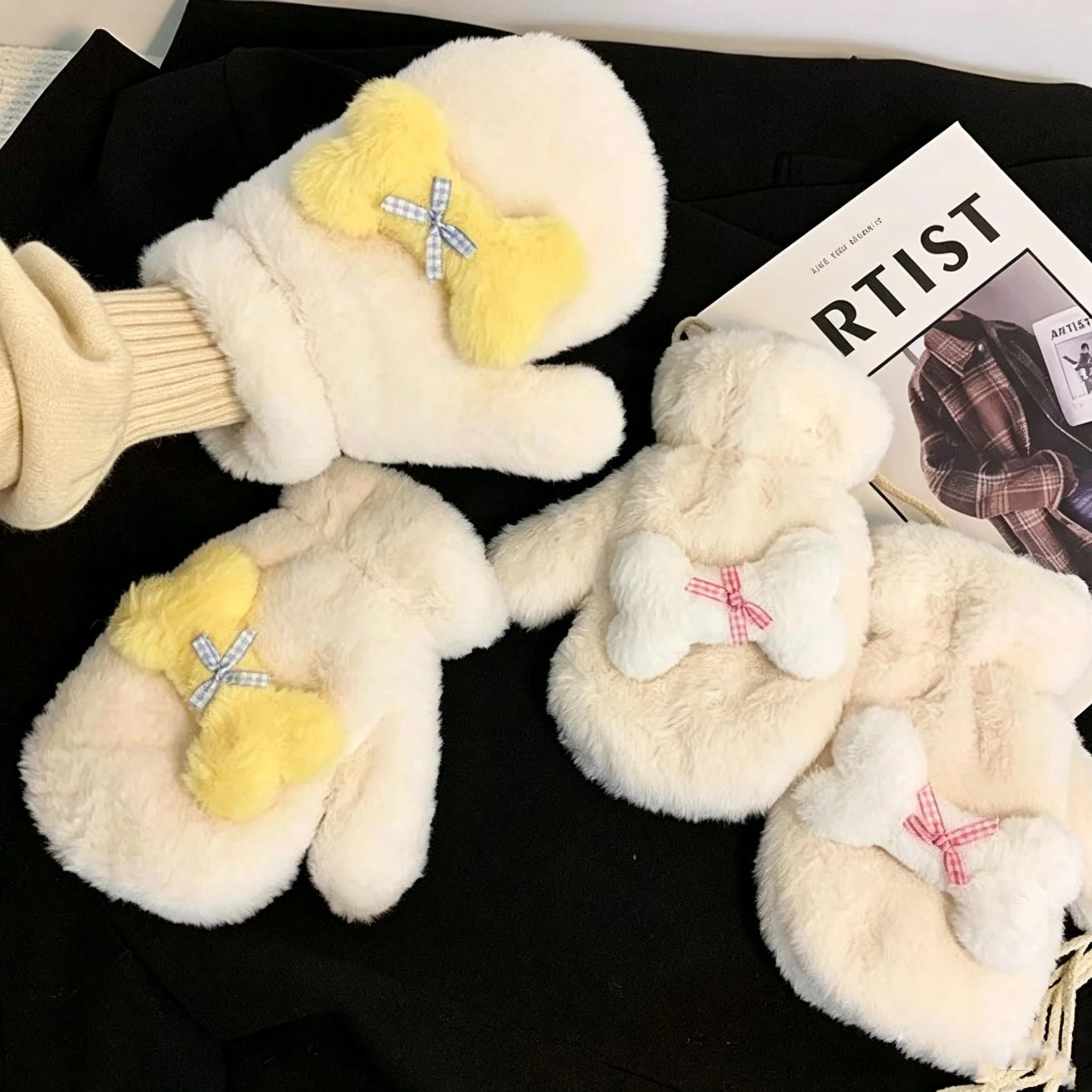 Women Cute Lovely Sweety Soft Solid Plush Fluffy Winter Keep Warm Gloves Cold Protection Windproof Thickened Mittens