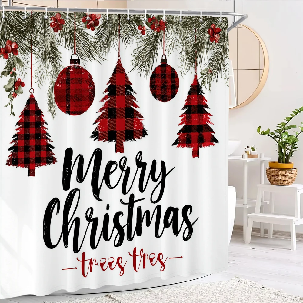 

Christmas Shower Curtain, Christmas day Bathroom Curtain, Merry Christmas Shower Curtain，Home Decoration Curtain with Hooks
