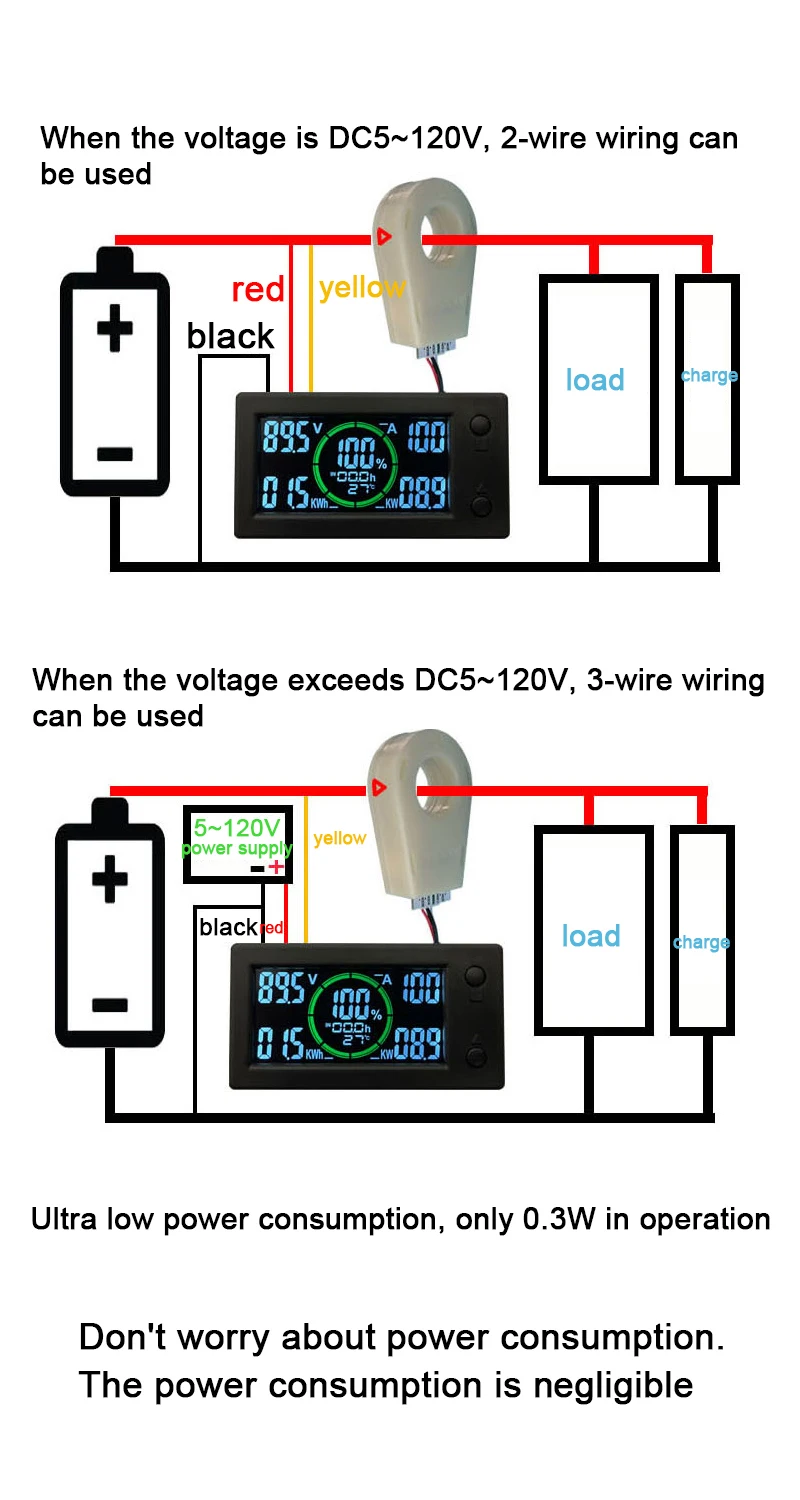 100A 200A 400A Hall Coulomb Meter Lithium Battery Power Display V/A Monitor Lifepo4 lead-acid Li-ion DC 12V 24V 36V 48V 60V BMS