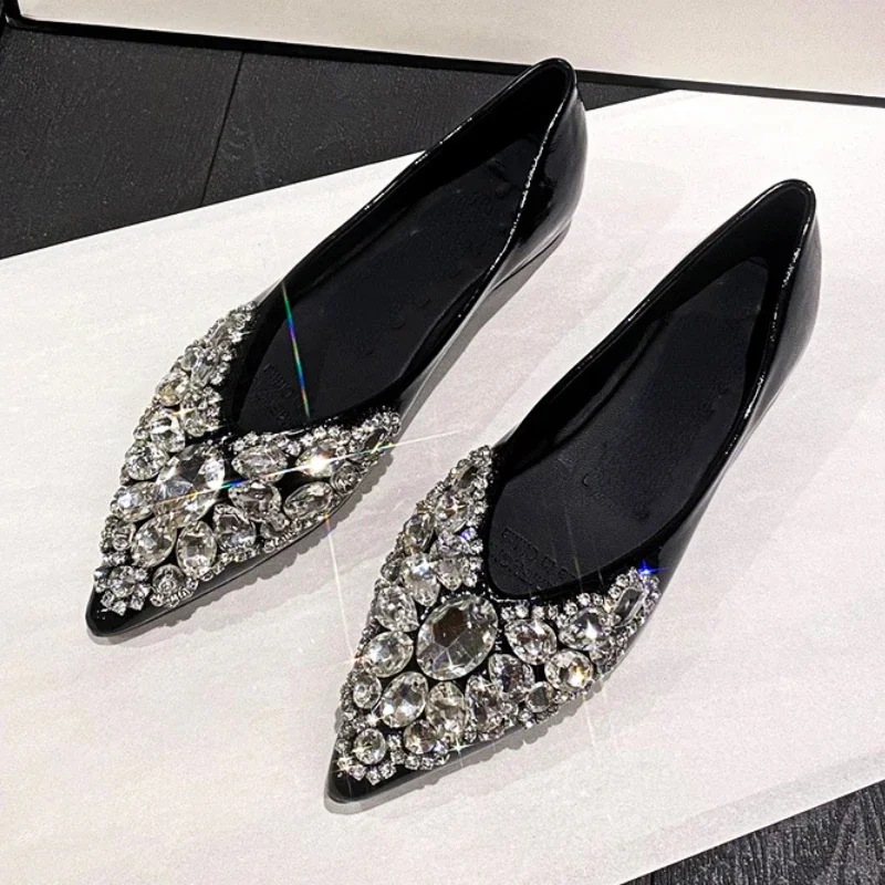 Glitter Jewel Flats Women Shoes Pointed Toe Party Dress Shoe Size 35-42 Low Heel Fashions Rhinestone Luxury Designer Shoes Women