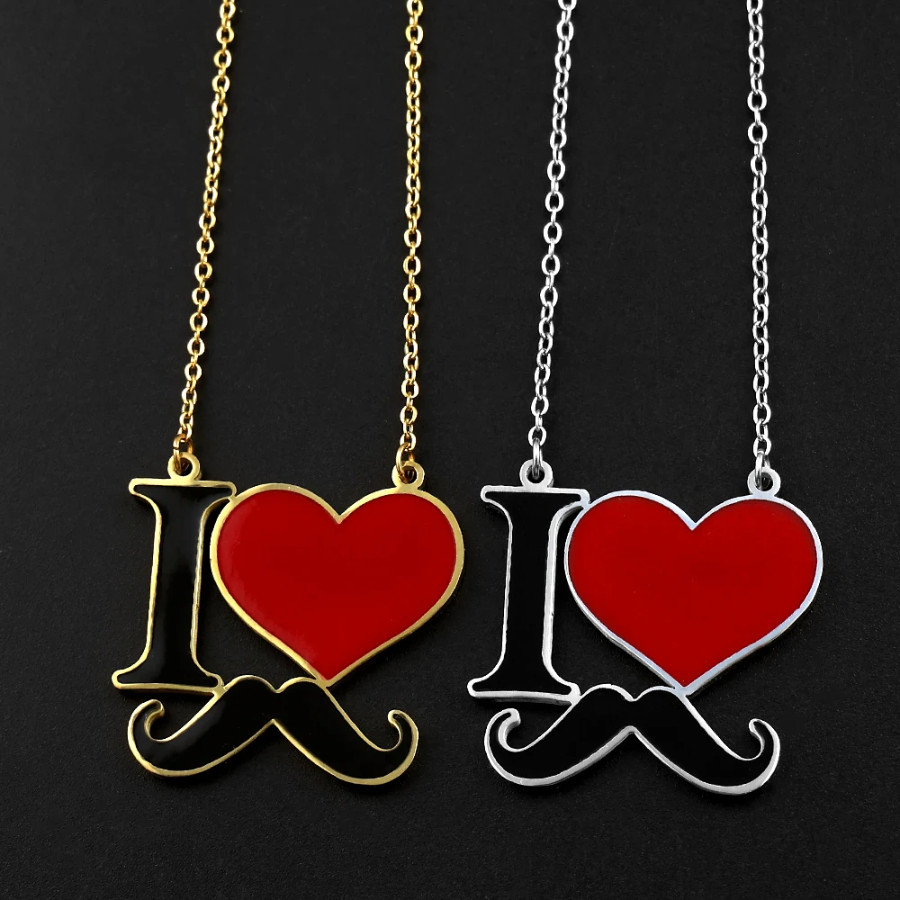 I Love Mustache Enamel Necklace Red Heart Black Beard Pendant Necklaces Hip Hop Funny Stainless Steel Jewelry Gift for Men Women