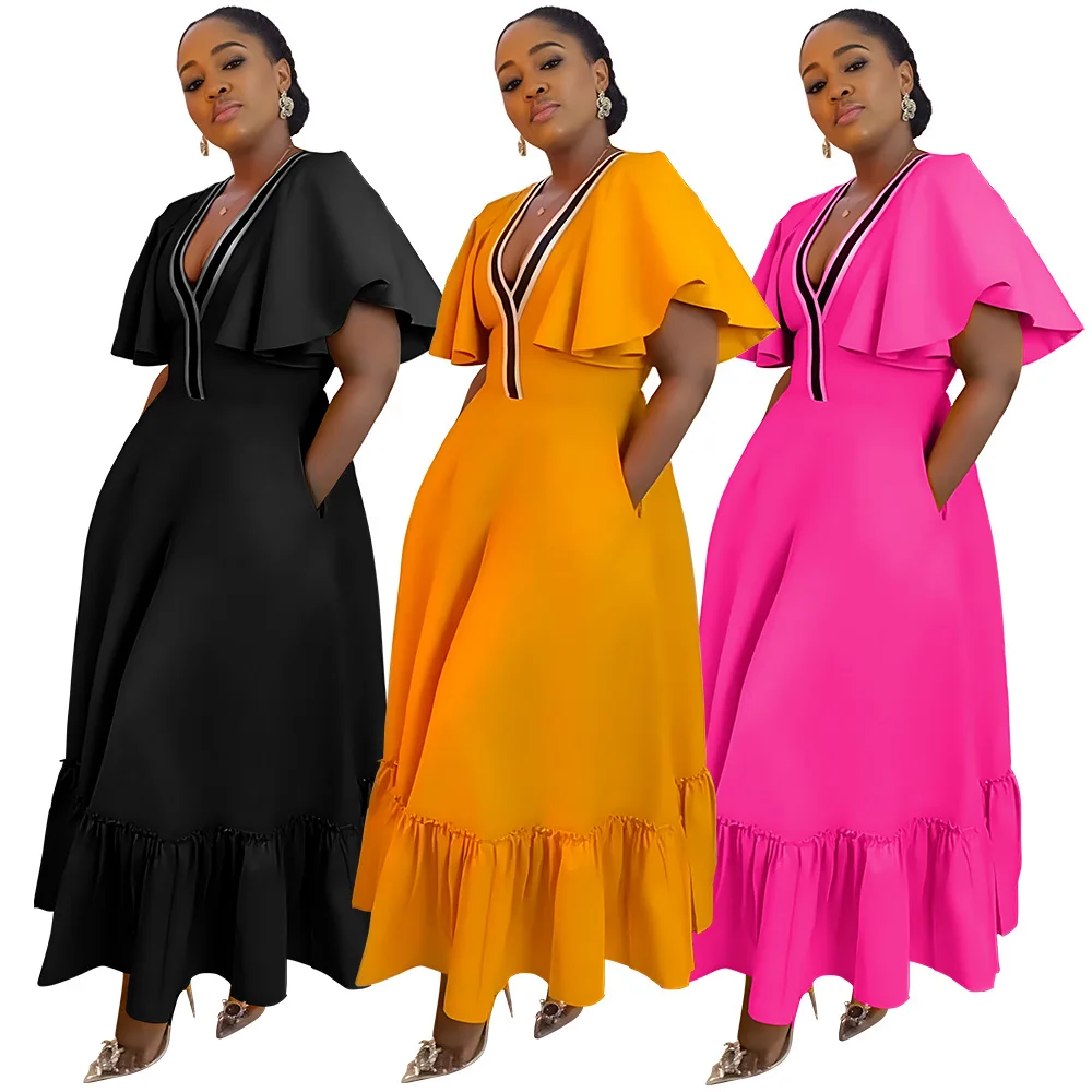 

African Dresses Women Dashiki Fashion V-neck Ruffle Sleeve Pleated Casual Summer Nigerian Clothes Africa Long Dress Robe Bazin