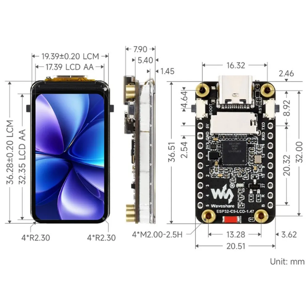 ESP32-C5 32-bit Development Board 1.47 Inch 172×320 LCD Display Wi-Fi6 Zigbee Thread USB Type-C WS2812 RGB LED for AIoT Project