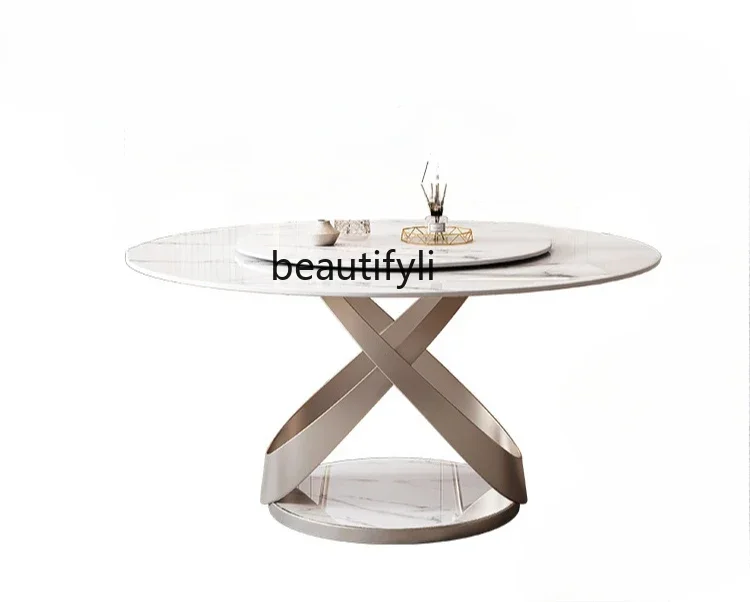 

Bright rock slab light luxury dining table chair combination metal dining table simple household small apartment round turntable