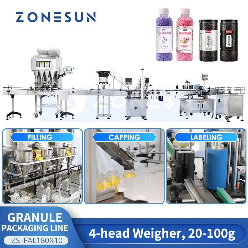 ZONESUN Pesatura automatica dei granuli Riempimento Cappatura Etichettatura Linea di produzione Noci Farina d'avena Popcorn Imballaggio di particelle ZS-FAL180X10