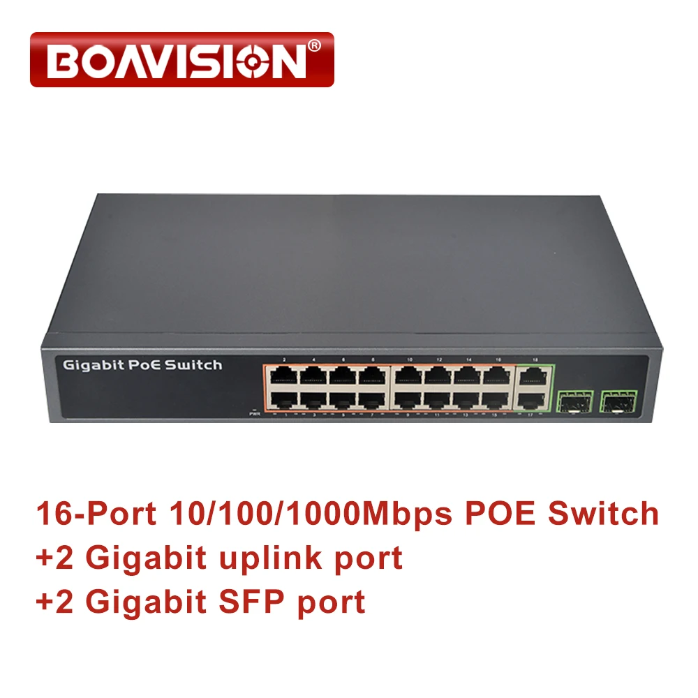 boavision poe switch para camera ip 16 portas 10 mbps 100 mbps 1000mbps gigabit porta sfp nao combo ieee 8023af em 01