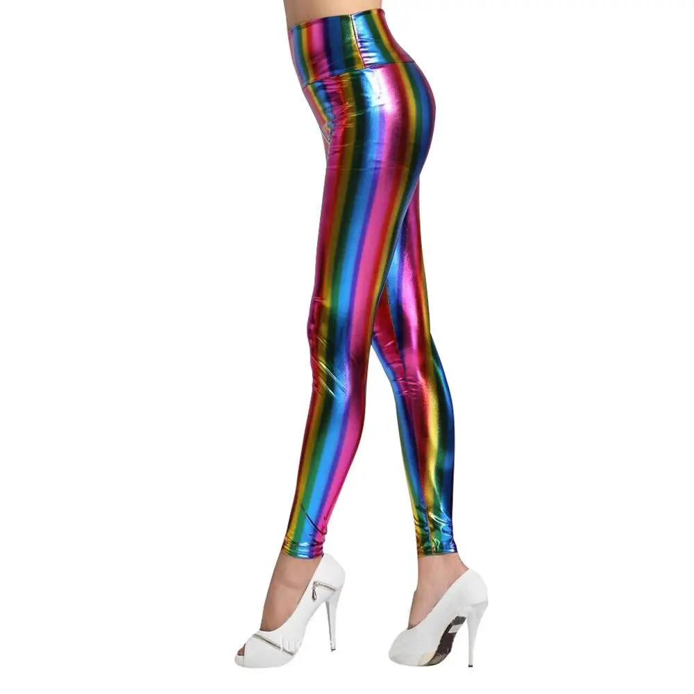 Ladies Fashion Costume Stripe Fancy Adult Retro Leather Pants Leggings Rainbow Pants