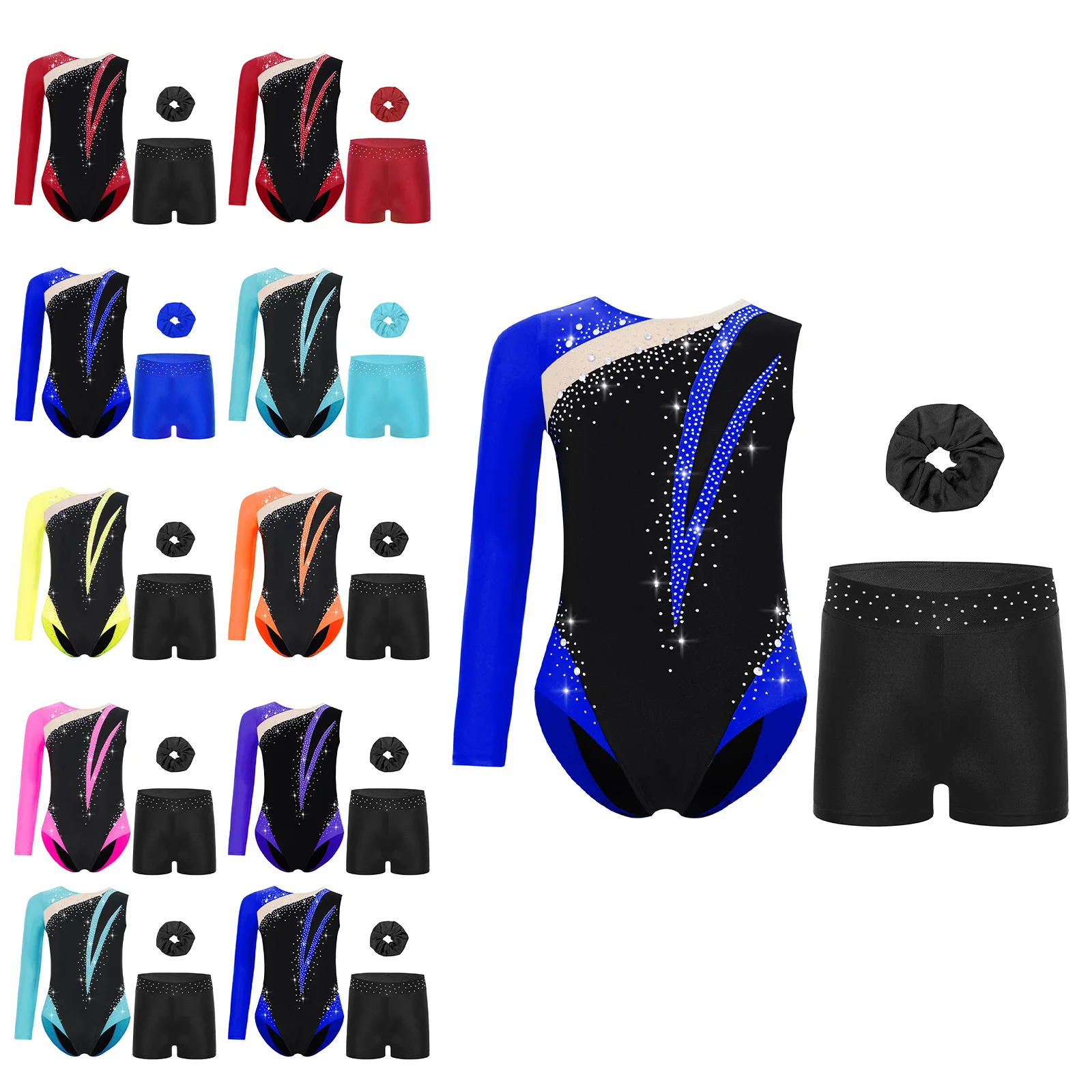 Kids Girls Ballet Dance Suit Gymnastics Jersey Shiny Rhinestones Leotard with Shorts Headwear Figure Skating Performance Outfit