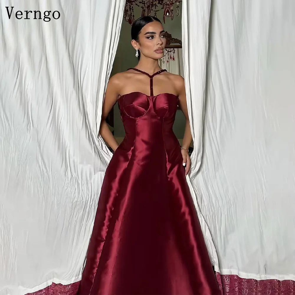 Verngo Burgundy Satin Evening Dress Halter A Line Prom Party Dress Elegant Backless Pleated Prom Gown Customized