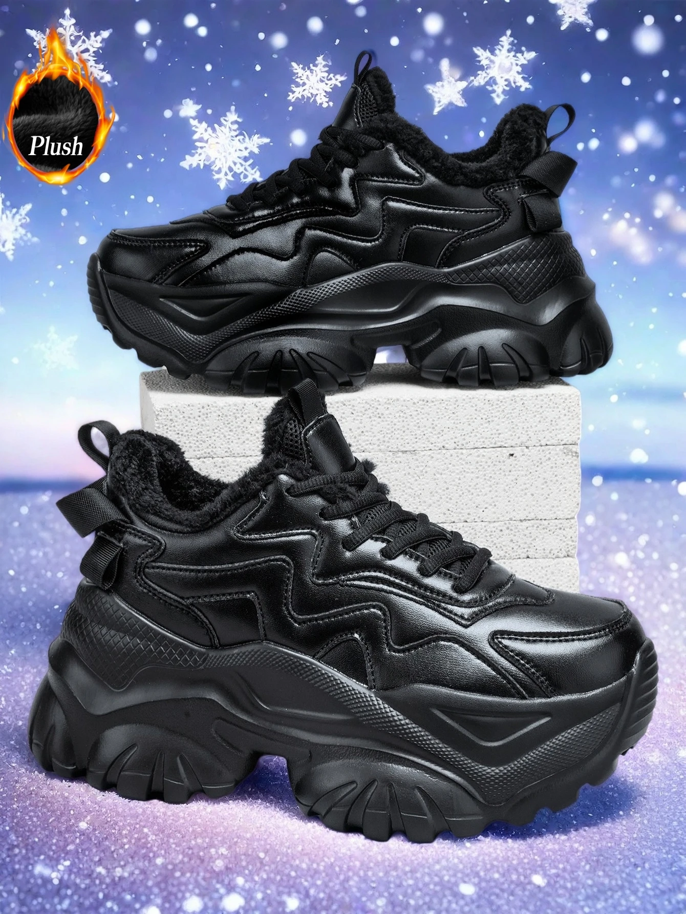 Zapatos de invierno para mujer, estilo «dad shoes», con suela gruesa y ligera de EVA, que aumentan la altura en 7 cm, zapatillas deportivas informales, cálidos y cómodos para el uso diario, zapatos negros.
