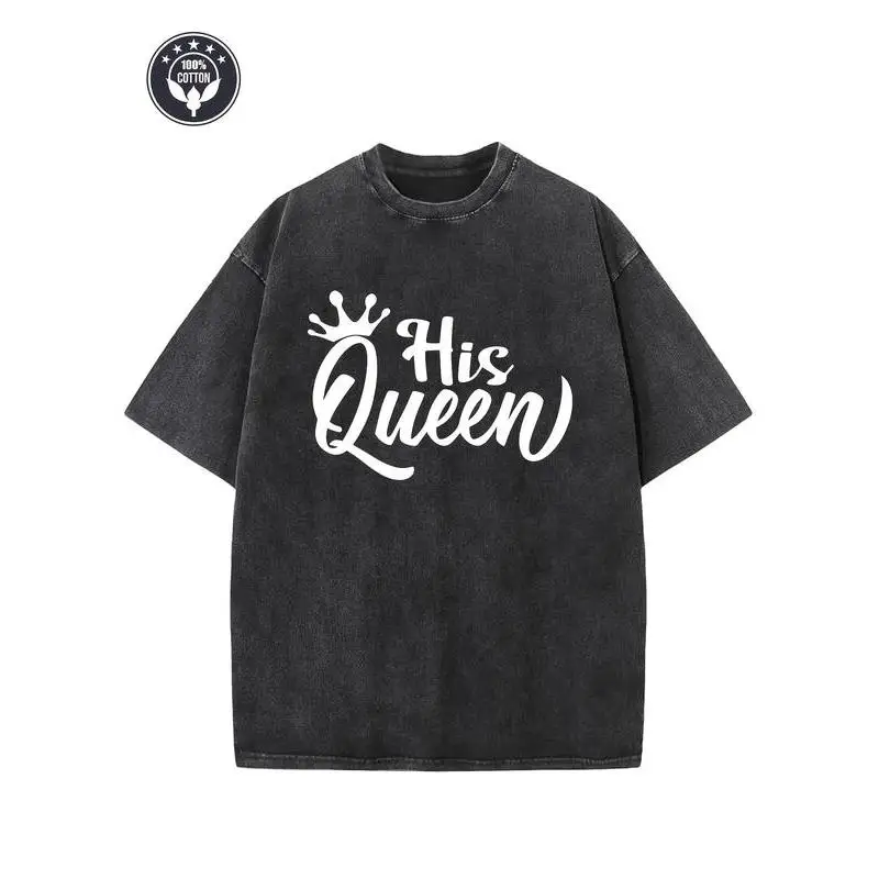 

Vintage Cotton "His Queen" T-Shirt Oversized Slogan Tee Couple Matching Outfits Valentine's Day Gift for Girlfriend Wife