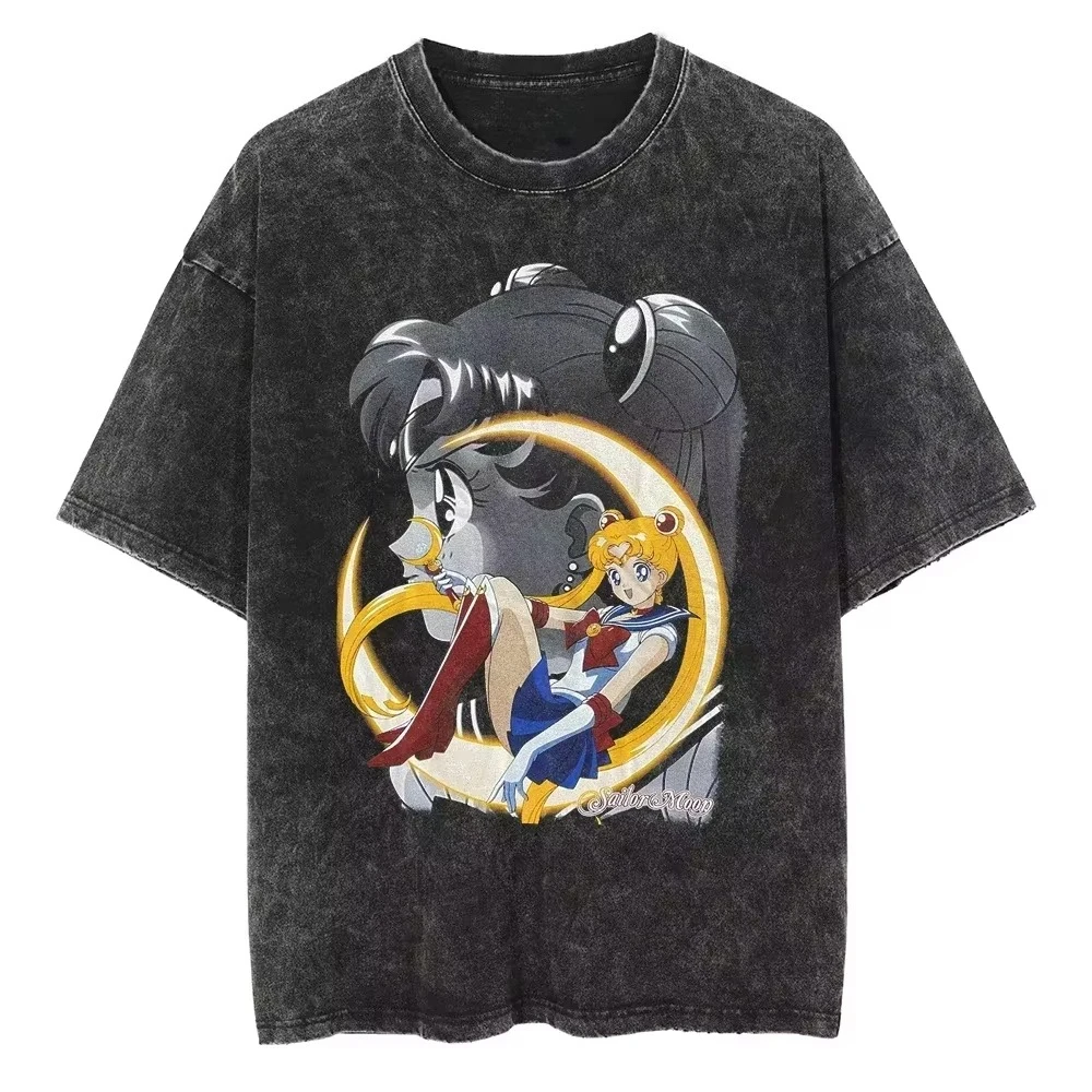 Anime Sailor Moon Grafik bedrucktes T-Shirt aus gewaschener Baumwolle, Unisex, Streetwear, übergroß, Vintage, gewaschen, kurze Ärmel