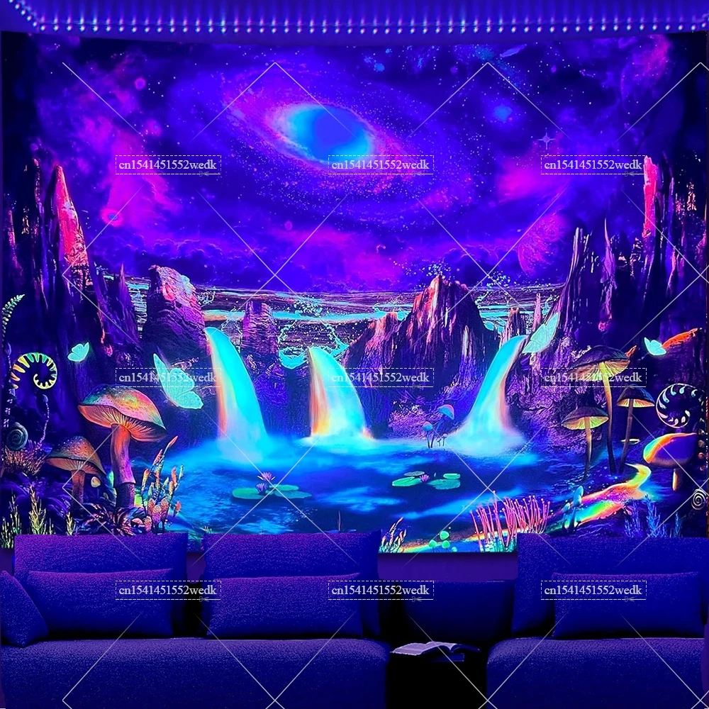 Blacklight Galaxy Planet Space Tapestry UV Reactive Tapestries Mountain Waterfall Landscape Tapestry Neon Aesthetic Tapestry