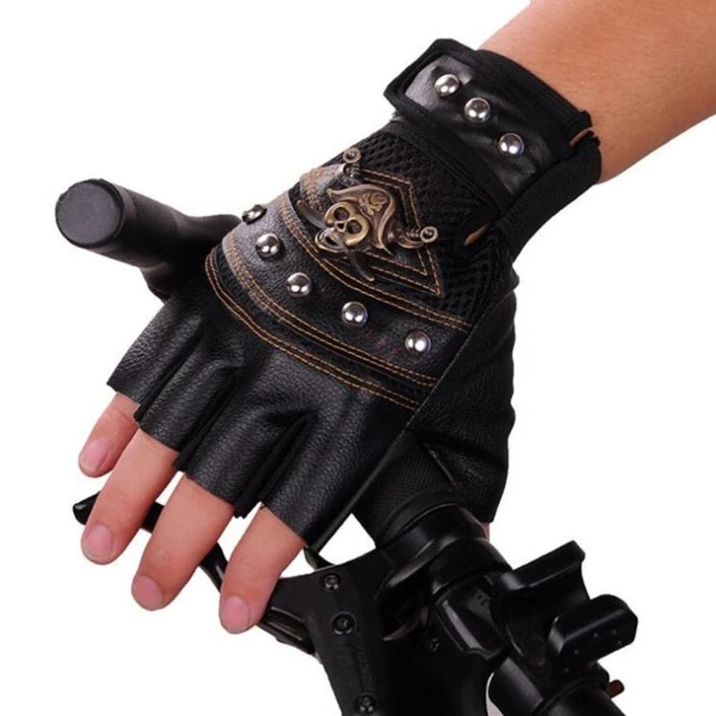 

652F Punk Bike Gloves Fingerless Finger PU Leather Skull Design for Outdoor Riding Vintage Ventilated Spring Summer