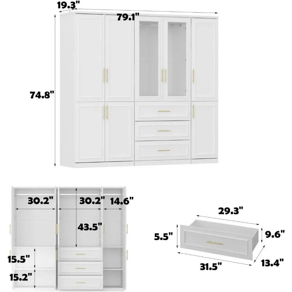 Large Armoire Wardrobe Closet Collection with Drawers & Hanging Rods, Wardrobe Armoire with Gold Metal Handles