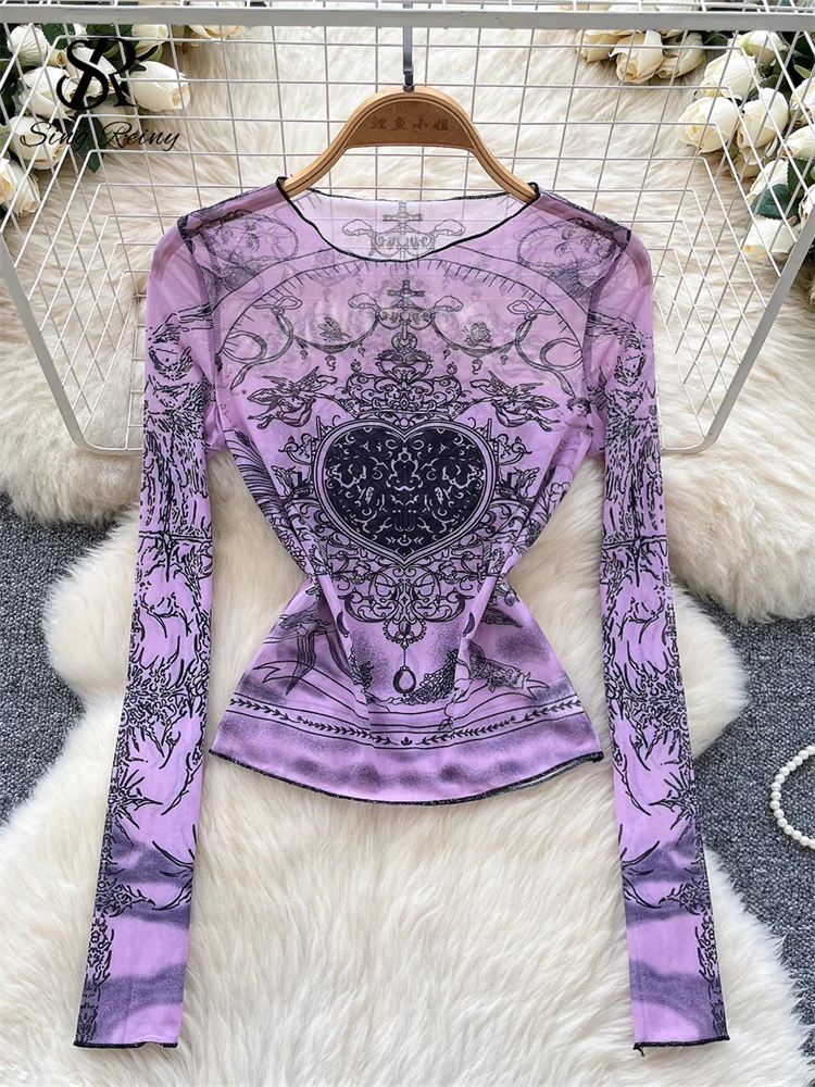 SINGREINY Streetwear Hotsweet Mesh Blouse Women O-Neck Print Thin Sheer Chic Tops American Sexy Ins Sheath Short Casual T-Shirt