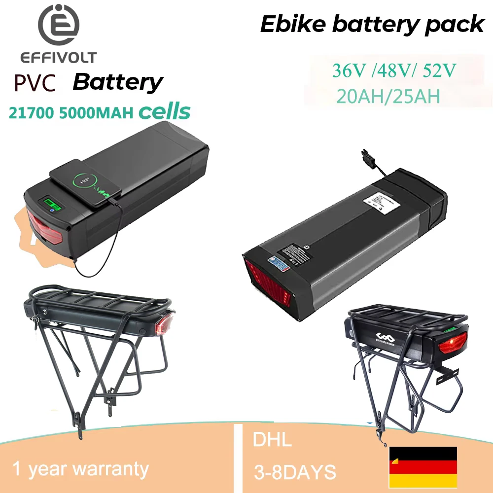 Batteria per portapacchi posteriore nera per e-bike, celle 18650 21700, 52V 48V 30Ah 36V 13AH 15AH 17.5AH 21AH, con portapacchi, per 1500W 1000W 750W 500W, 24"-28 pollici, celle a lunga durata,