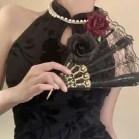 Lolita Gothic Fan Victorian Female Lace Hand Fan Vintage Black White Red Rose Bamboo Fans Cosplay Halloween Party Supplies