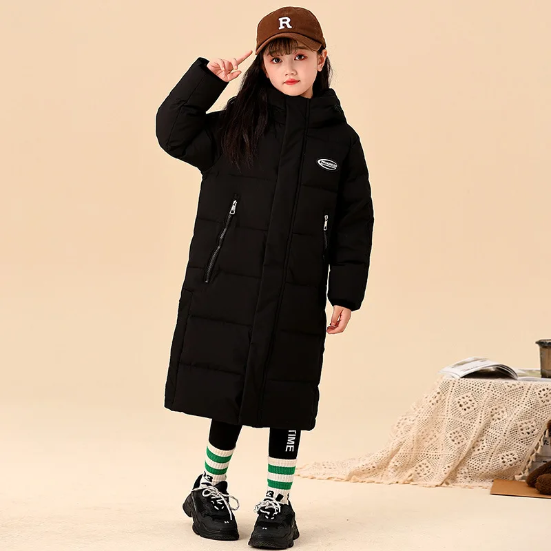 Winter Down Jacket for Kids Black Hooded Windproof Coats Teen Boys Mid-long Outerwear Children Thicken Warm Overcoat 6 8 10 12 Y