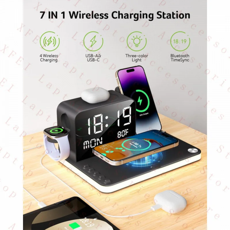 F  7-In-1 Wireless Charging Station: Charger Stand for Multiple Devices for Apple -