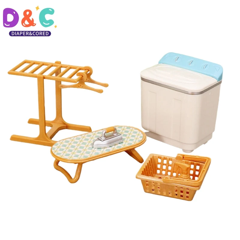 1:12 Dollhouse Miniature Washing Machine Clothes Drying Rack Iron Laundry Set Decor Toy Doll Furniture Kid's Pretend Play Toy