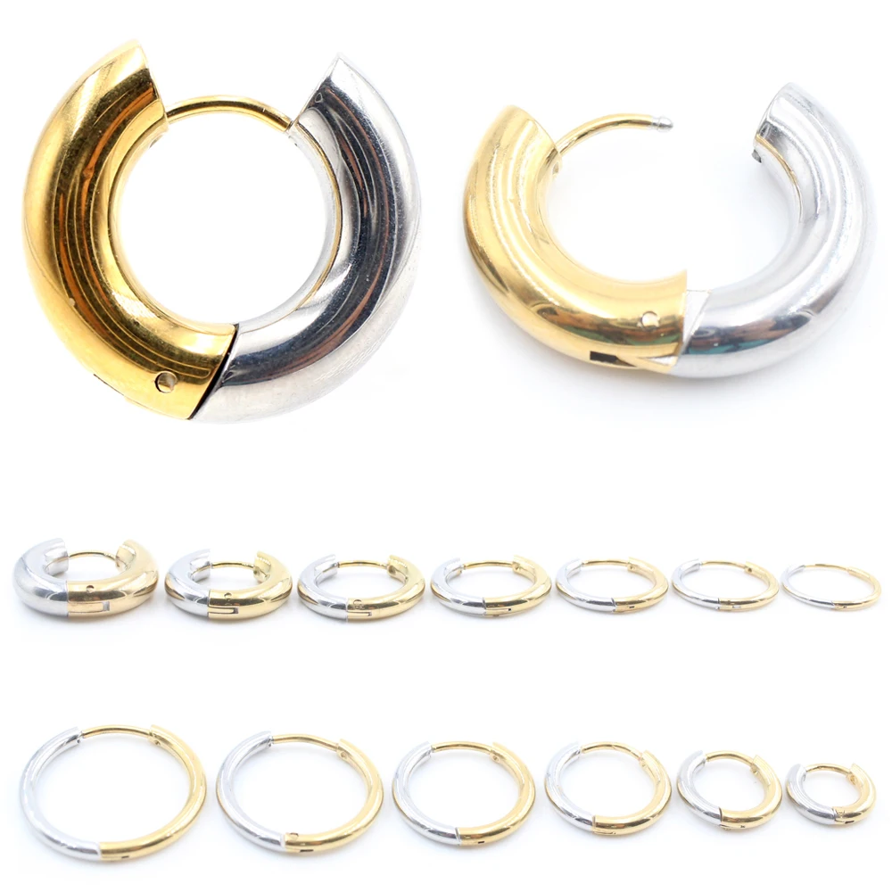 Alisouy 2PCS 1.2-5mm Acero Inoxidable Bicolor Diseño Patchwork Unisex para Mujer y Hombre Pendientes de Aro Redondos Tipo Huggie con Gancho para Oreja y Clip Helix