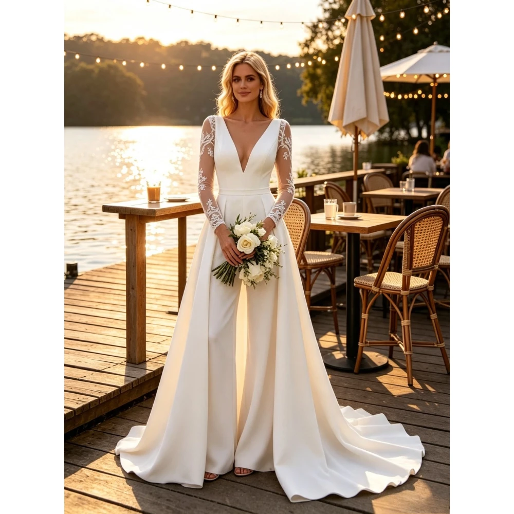 Customized Simple Satin Jumpsuit White Bridal Dress Detachable Trailing Long Lace Sleeves and Deep V-neck Celebrity Evening Gown