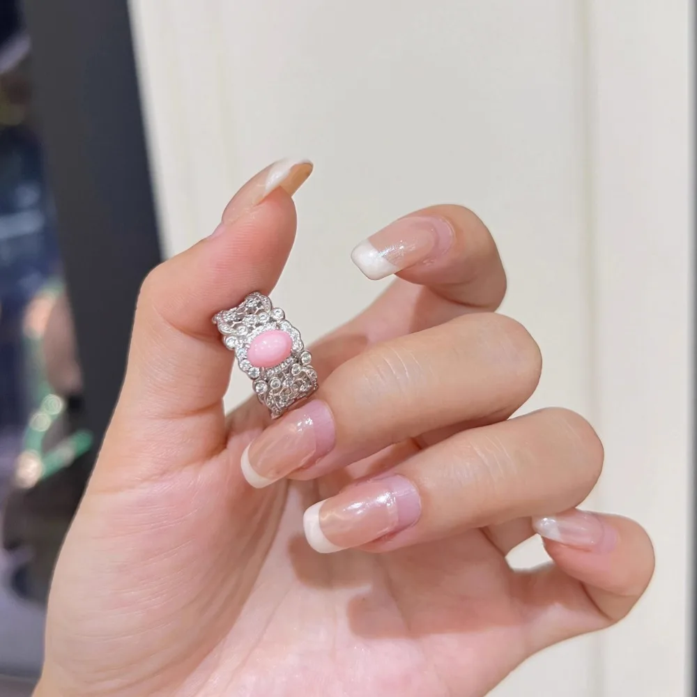 Light luxury exquisite silver 925 surround zircon hollow lace rings for women design delicate pink oval ring wedding jewelry