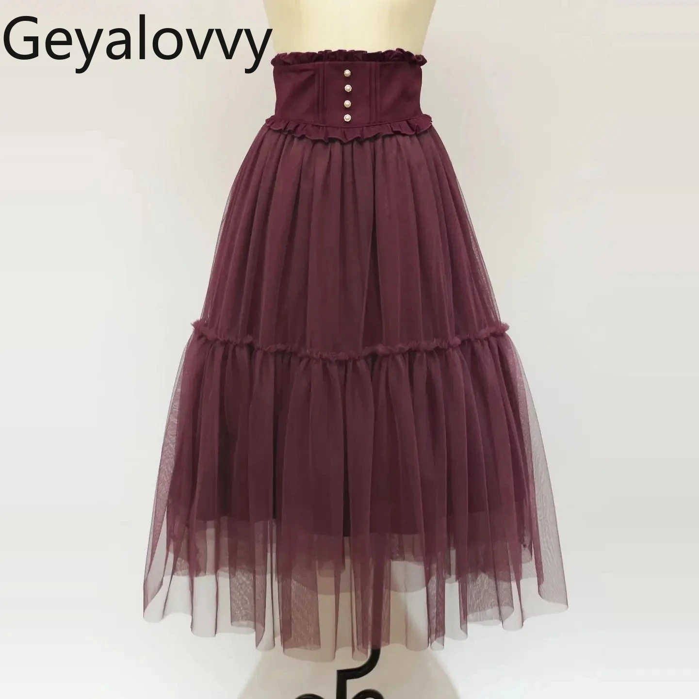 

Japanese Retro Autumn Winter Versatile Solid Color Mesh Long Skirt Lace-up Waist Fungus Edge Fluffy Multi-layer Yarn Maxi Skirts