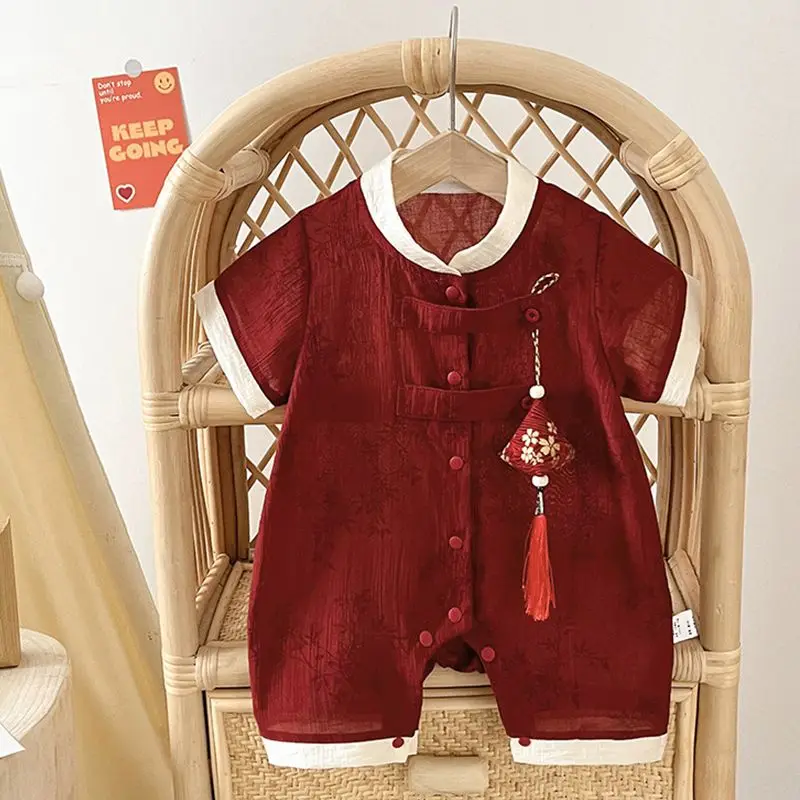 2024 Summer Baby Short Sleeved Jumpsuit for Boys Girls Chinese Style Full Moon Hundred Days Thin Crawl Suit Shaolin Clothes