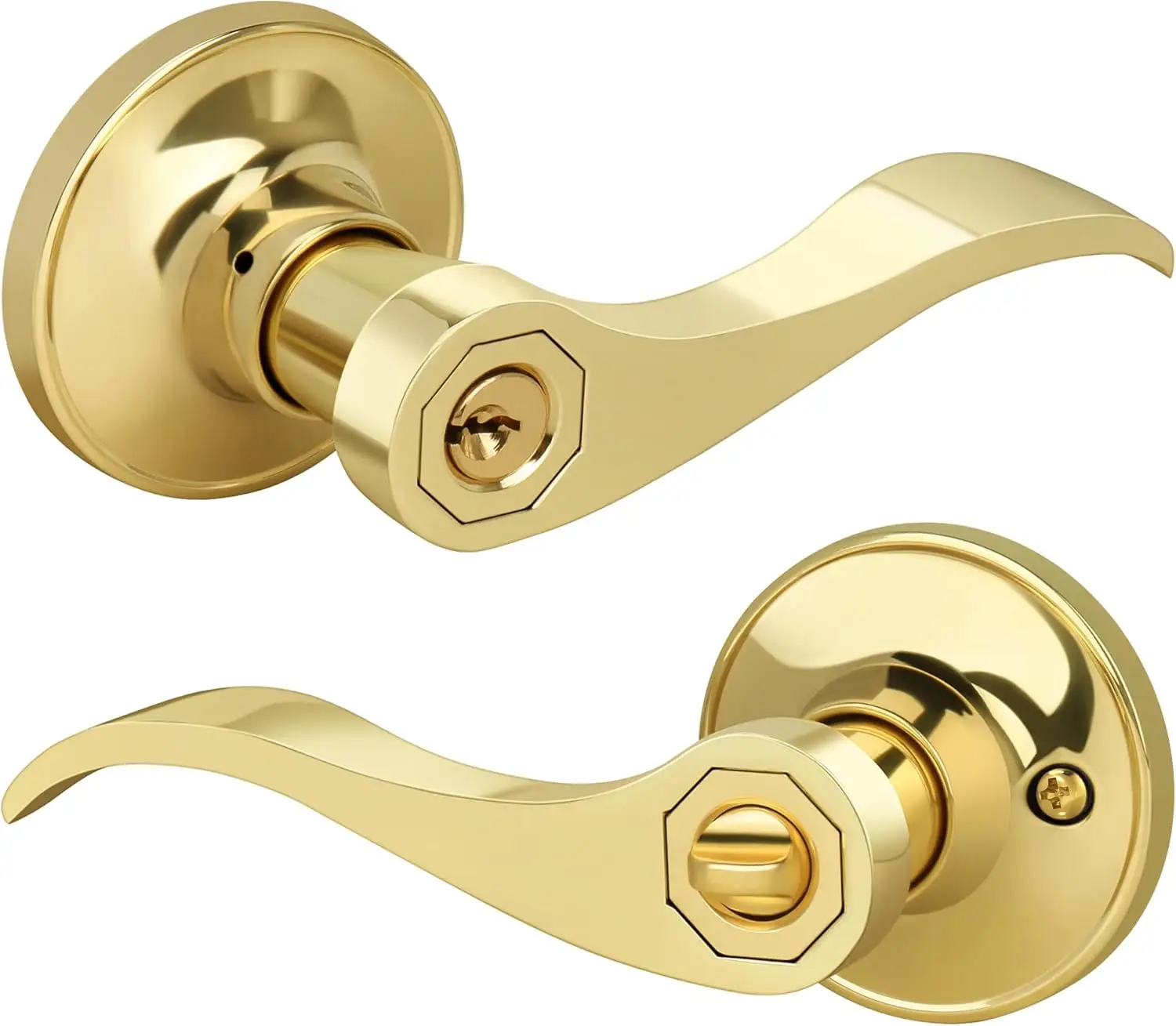 

Polished Brass Reversible Door Lever with Lock and Keys for Front/Entrance Doors, Left/Right Hand Compatible