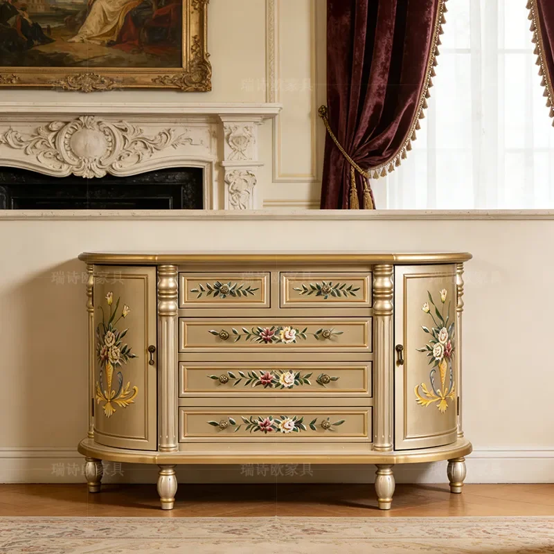 for European American Rural Solid Wood Five Drawer Entrance Cabinet Foyer Hand Painted Semi Round Storage Cabinet