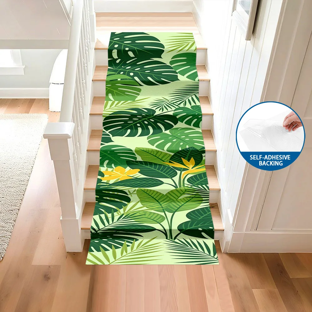 Green Leaf Print Self-adhesive Stair Runner Mat, Non Slip Washable Quiet Stair Step Protector, Indoor Home Long Stair Carpet Rug