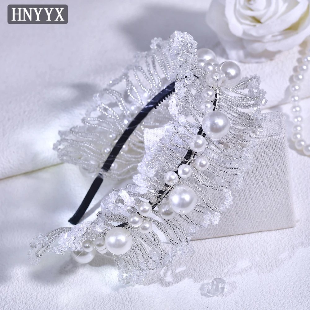 

HNYYX Crystal Headband Pearls Hair Accessories Fashion Beaded Hair Piece Baroque Wide Headwear For Wedding Party Tiara A107