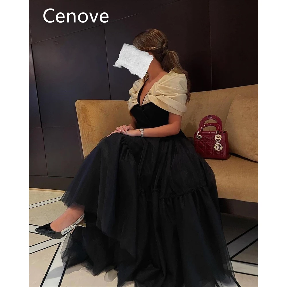 Cenove A-Line V-Neckline Prom Dress Short Sleeves With Wrinkled Shape Evening Summer Elegant Party Dress For Women