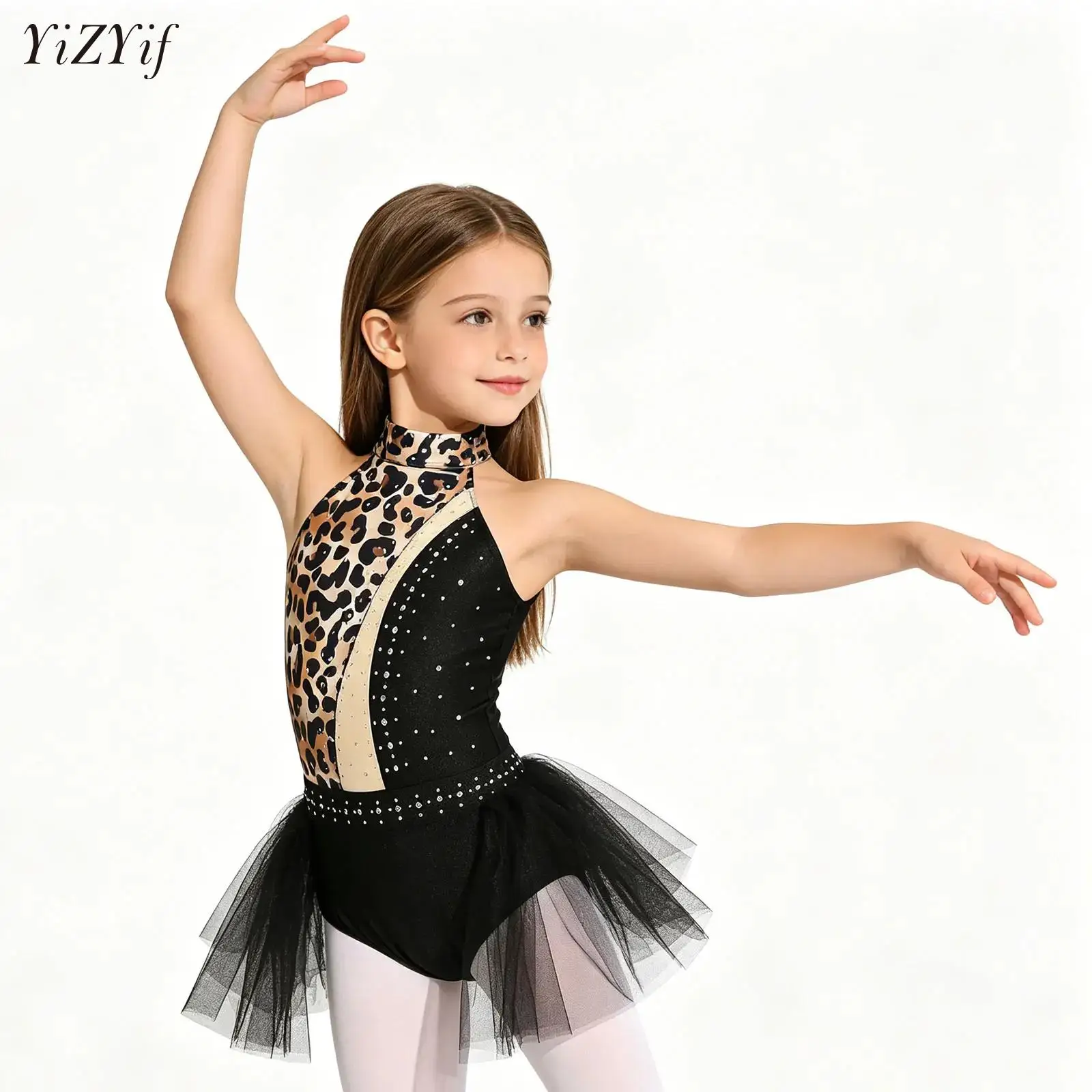 

Kids Girls Leopard Rhinestone Ballet Dance Dress Sleeveless Caveman Tulle Skirted Leotard for Lyrical Performance Competition