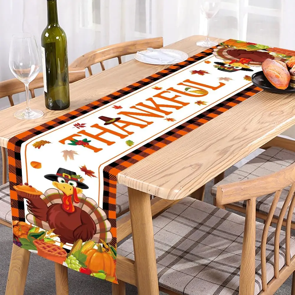 Thankful Linen Table Runners Autumn Thanksgiving Pumpkin Maple Leaf Turkey Themed  Table Runner Kitchen Party Dining Table Decor