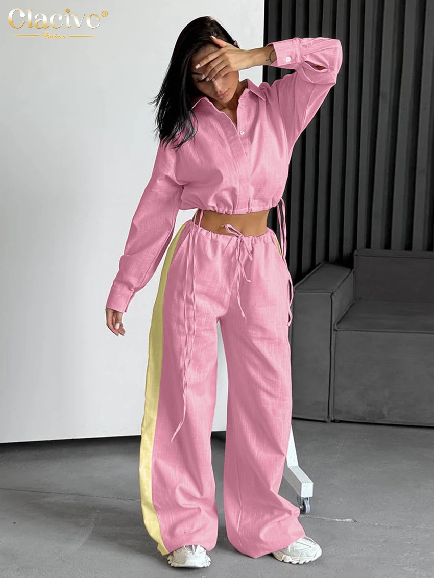

Clacive Fashion Loose Pink Cotton Women's Two Pieces Set 2025 Elegant Long Sleeve Shirt With High Waist Wide Pants Set Female