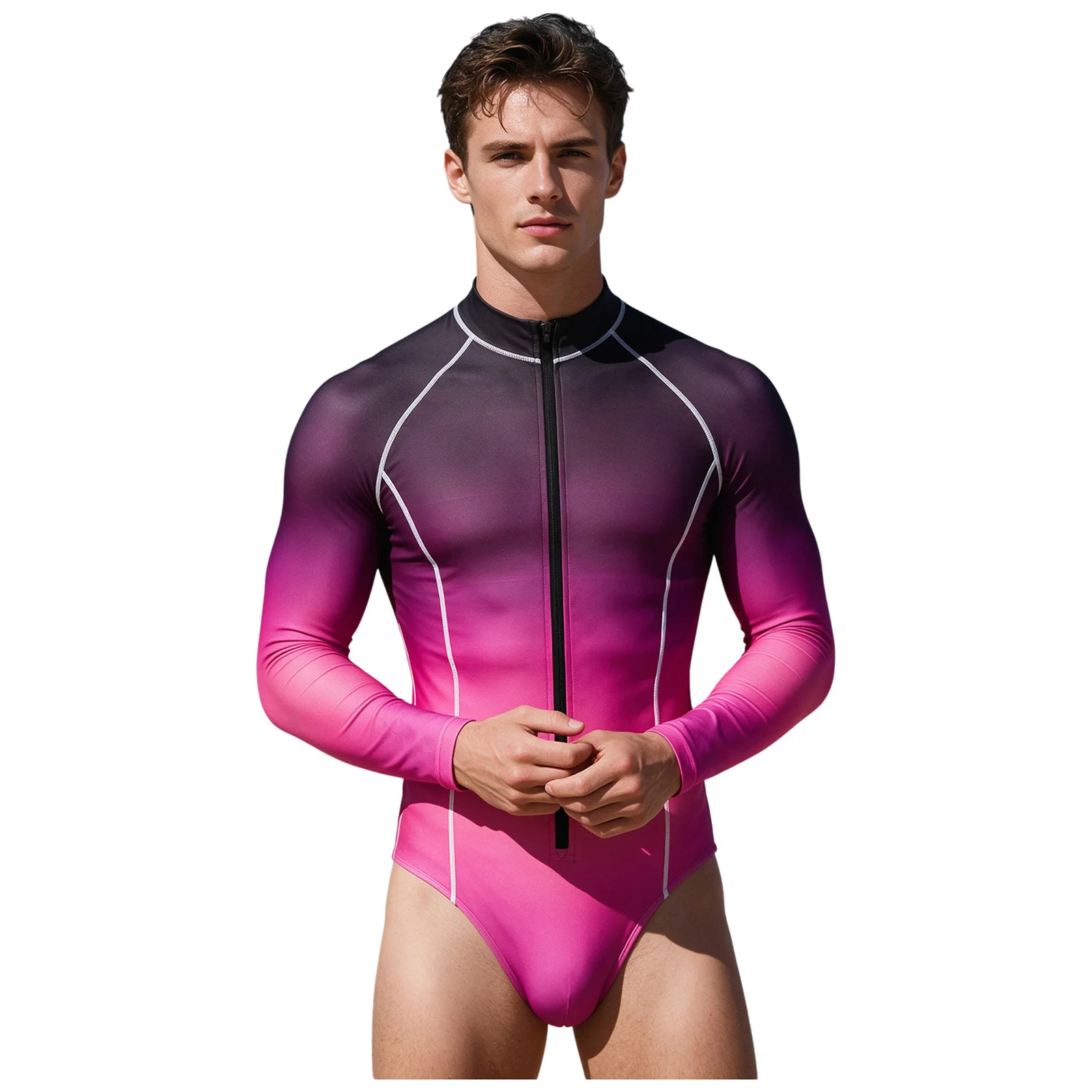 Badebekleidung für Herren, UPF50+, Farbverlauf, einteiliger Rashguard, Reißverschluss, kurzärmeliger Body, Surf-Badeanzug, schnell trocknender Neoprenanzug, Badeanzug – Detail 22