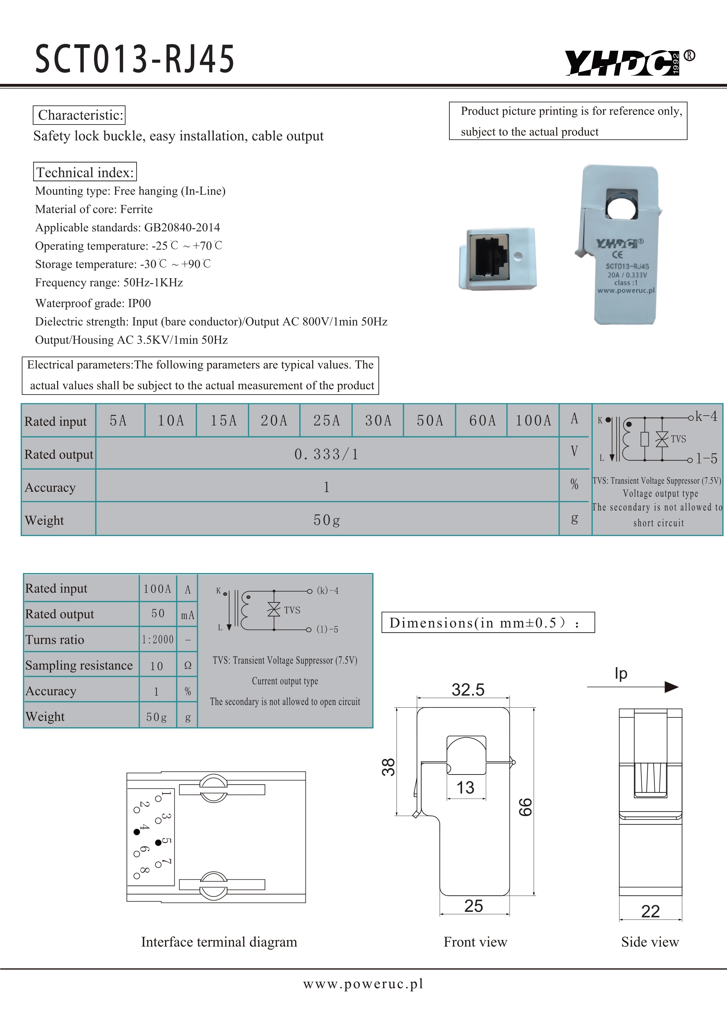 YHDC SCT013-RJ45 Input 5A 10A 15A 20A 25A 30A 50A 60A 100A Output 1V Accuracy 1% Split Core Current Sensor Transformer