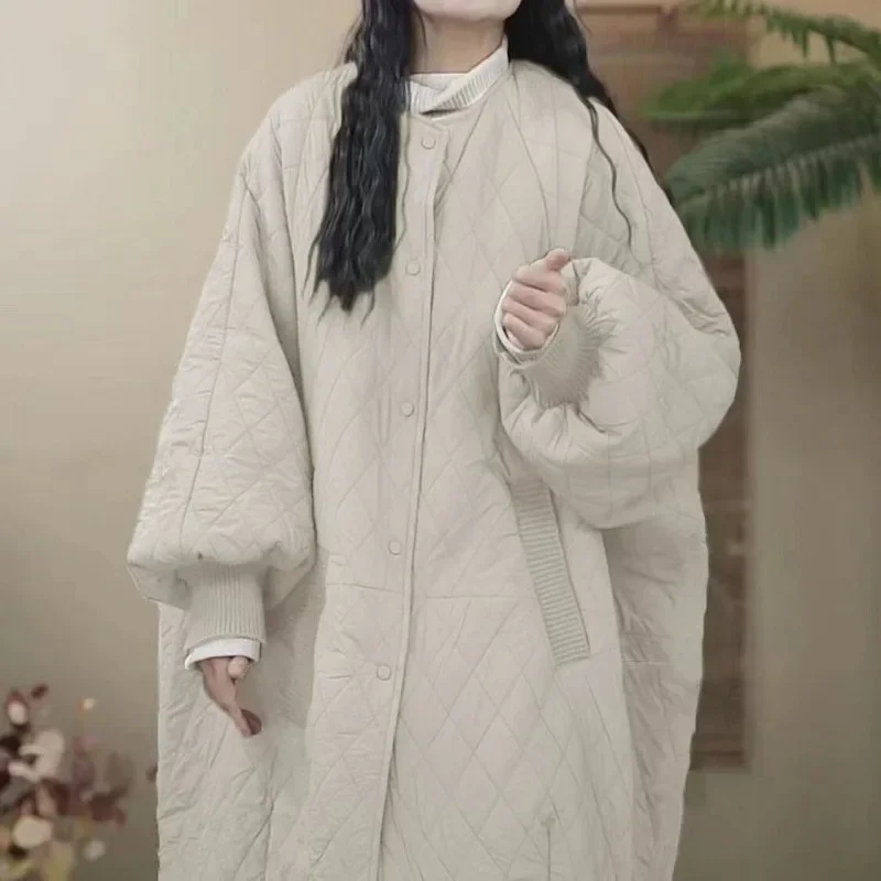 

Loose Rhombus Plaid Cotton Jacket Women Round Neck Long Sleeves Single Breasted with Pockets Coat Long Lightweight Casual Parkas