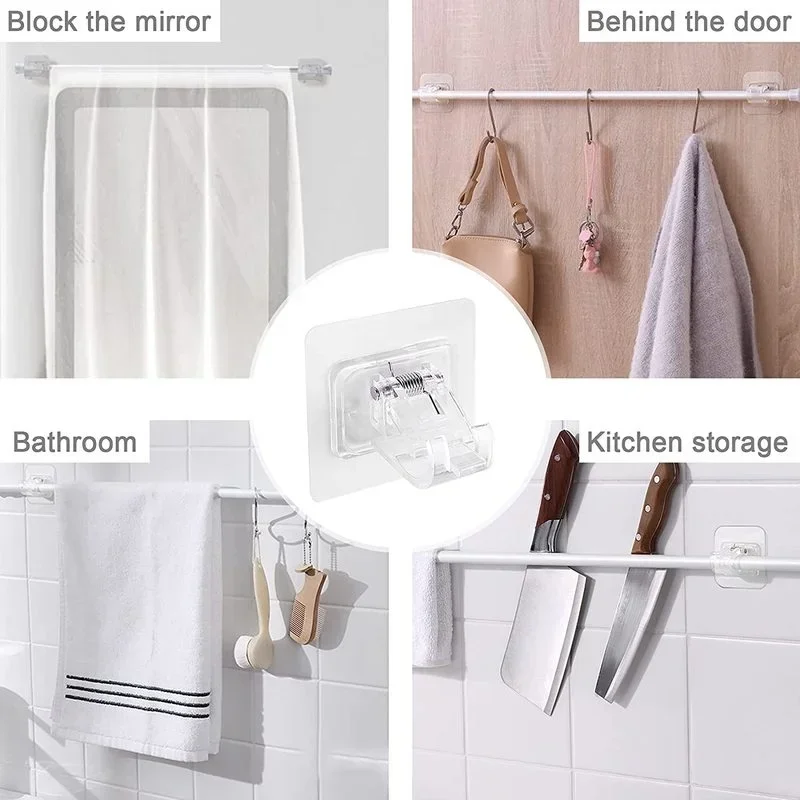 2Pcs Self Adhesive Curtain Rod Bracket Punch-free Curtain Rod Clips Nail-Free Hook Adjustable Shower Curtain Rod Hanging Holder