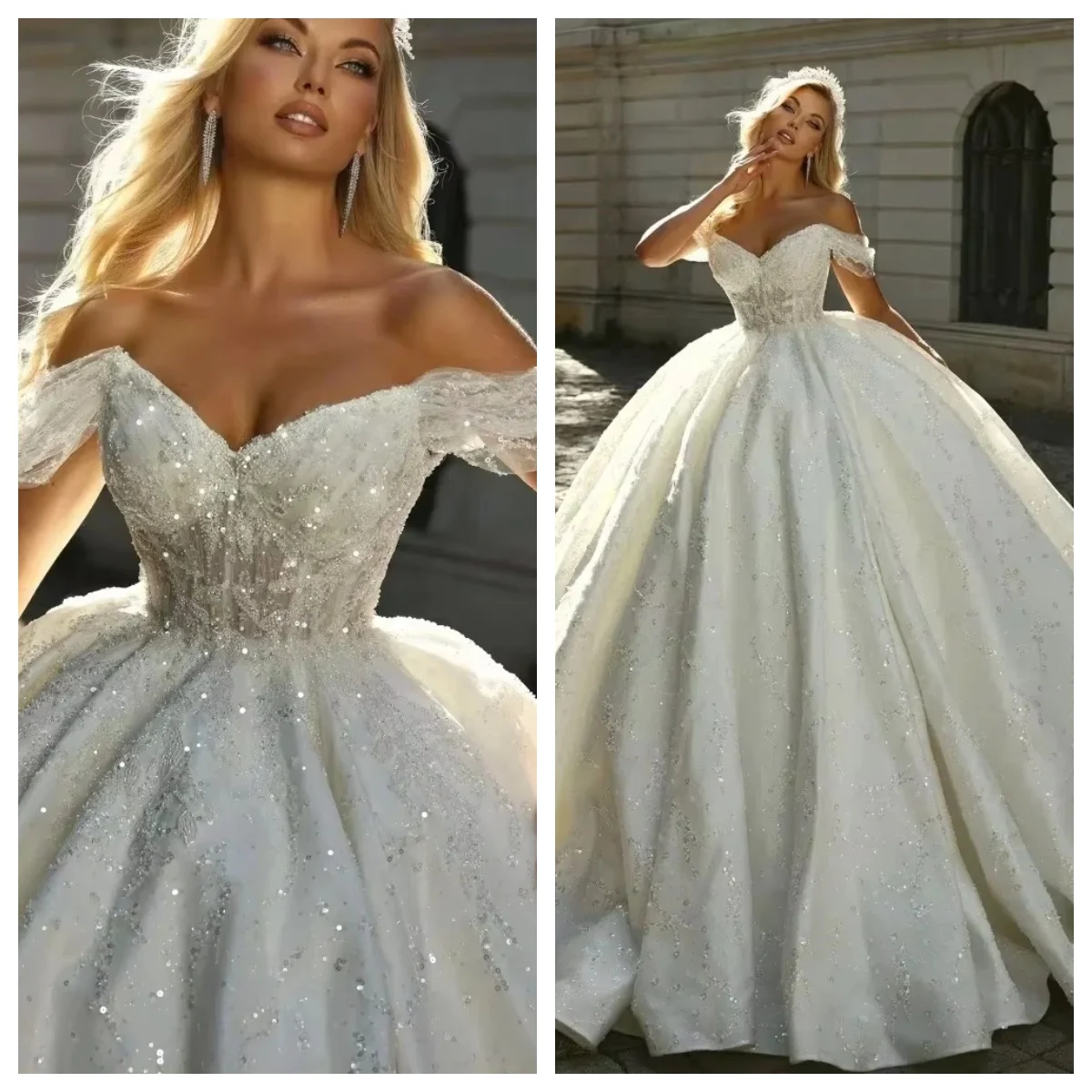 Vestidos de novia personalizados sin mangas con lentejuelas y hombros descubiertos de lujo, Vestidos de novia con tren de barrido, vestido de baile nupcial Vintage