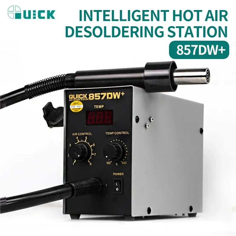 QUICK 857DW+ Precision Dual Eddy Current Hot Air Desoldering Station with Nozzles for SMD PCB IC Heating Welding Repair Tools