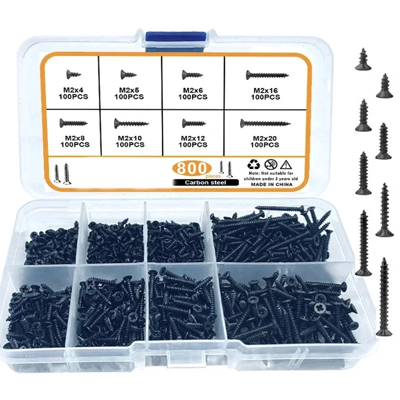 

800pcs Black Carbon Steel M2 Self Tapping Screw Flat Countersunk Head Wood Phillips Screw For Home Improvement DIY Boxed Set