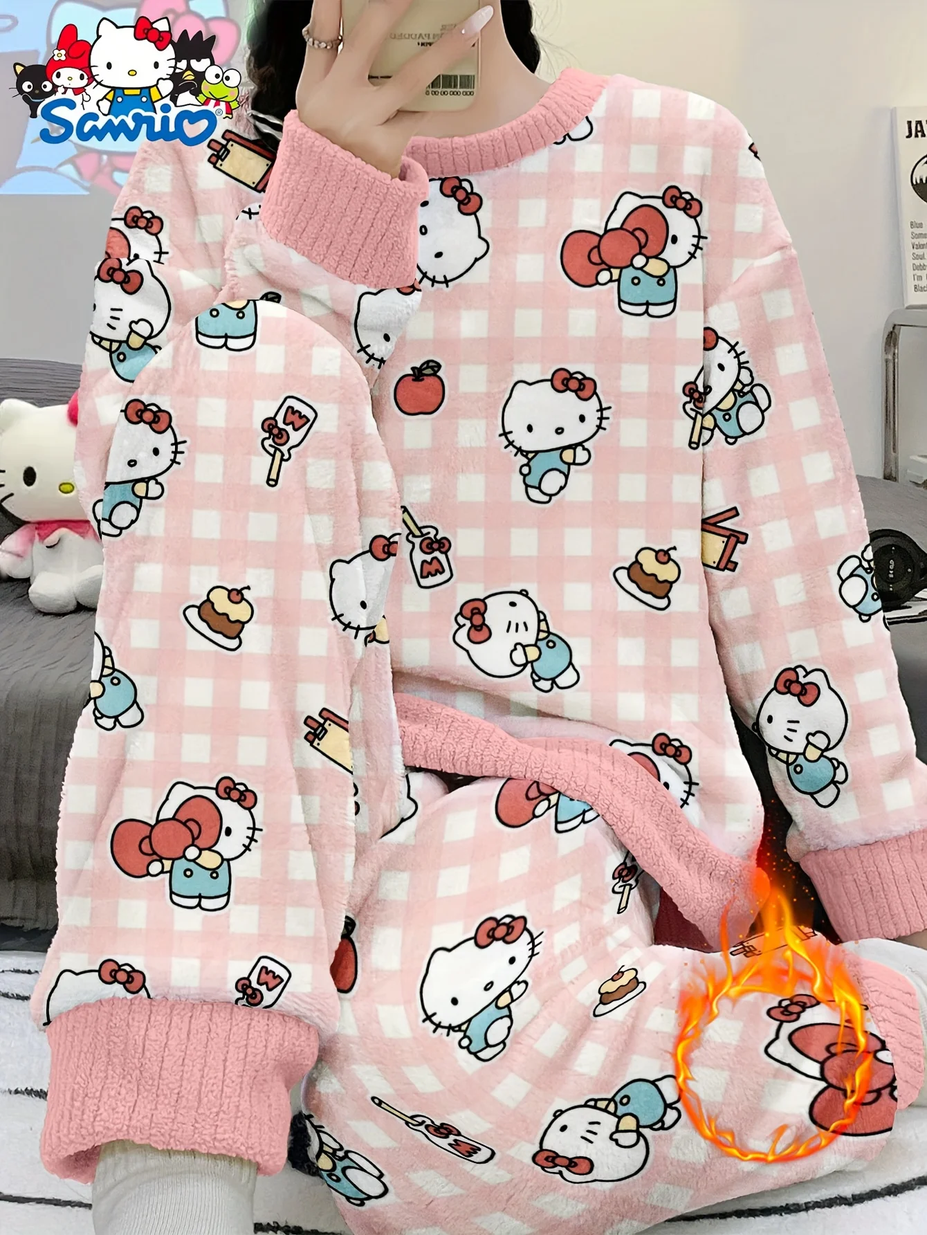 Women's HelloKitty velvet pajama set, featuring a long-sleeve top and matching pants, comfortable winter sleepwear