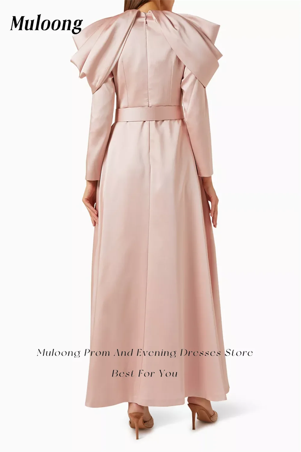 Muloong Light Pink O Neck Maxi Dress Pleated Sleeves Ankle Length A Line Classic Evening Dress Crystal Saudi Aribia Prom Gown