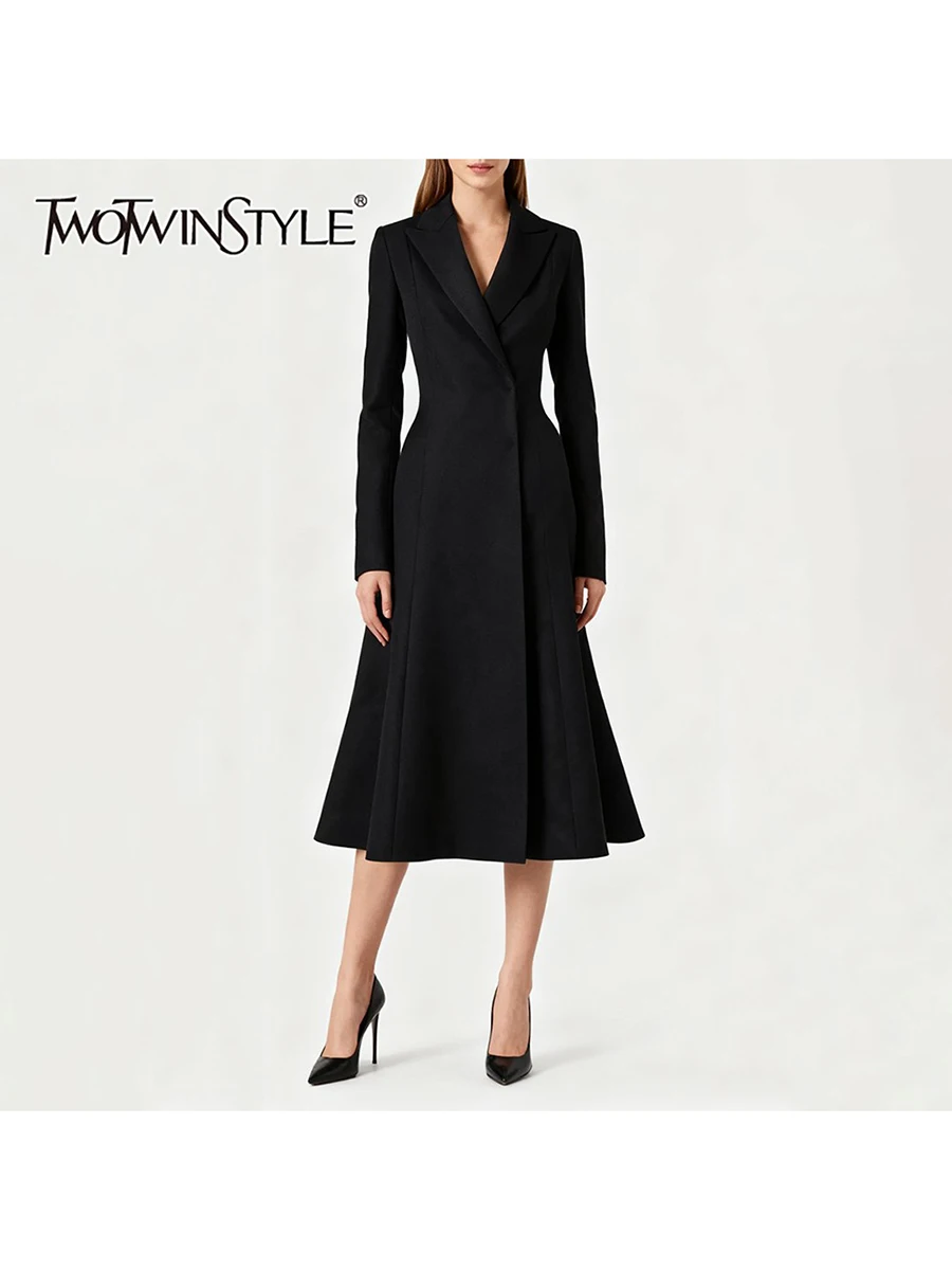 TWOTWINSTYLE Solid Slimming Temperament Skirt Suit for Women Lapel Long Sleeves Patchwork Ruched Minimalist Blazer Female New