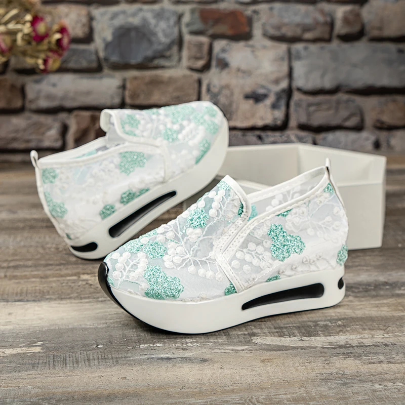 Women's Sneakers Floral Embroidery Mesh Sneakers for Women Slip on Casual Comfy Heeled Shoes Woman White Size 42